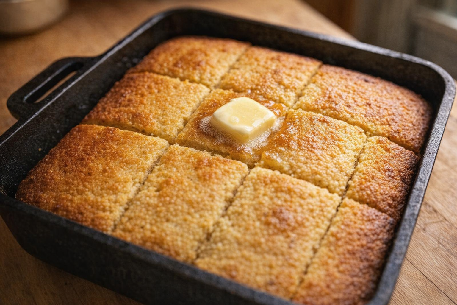 A top-down shot of a golden-brown cornbread, cut into squares, with a pat of melting butter on top, warm, inviting kitchen lighting